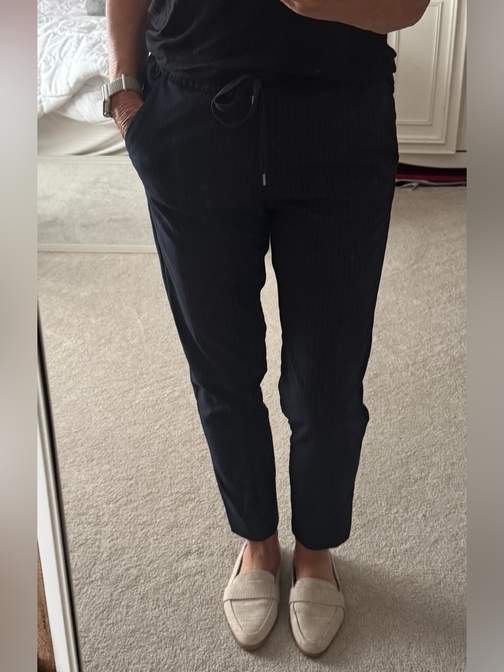 GAP navy blue pinstriped pull-on pants with a drawstring waist and pockets